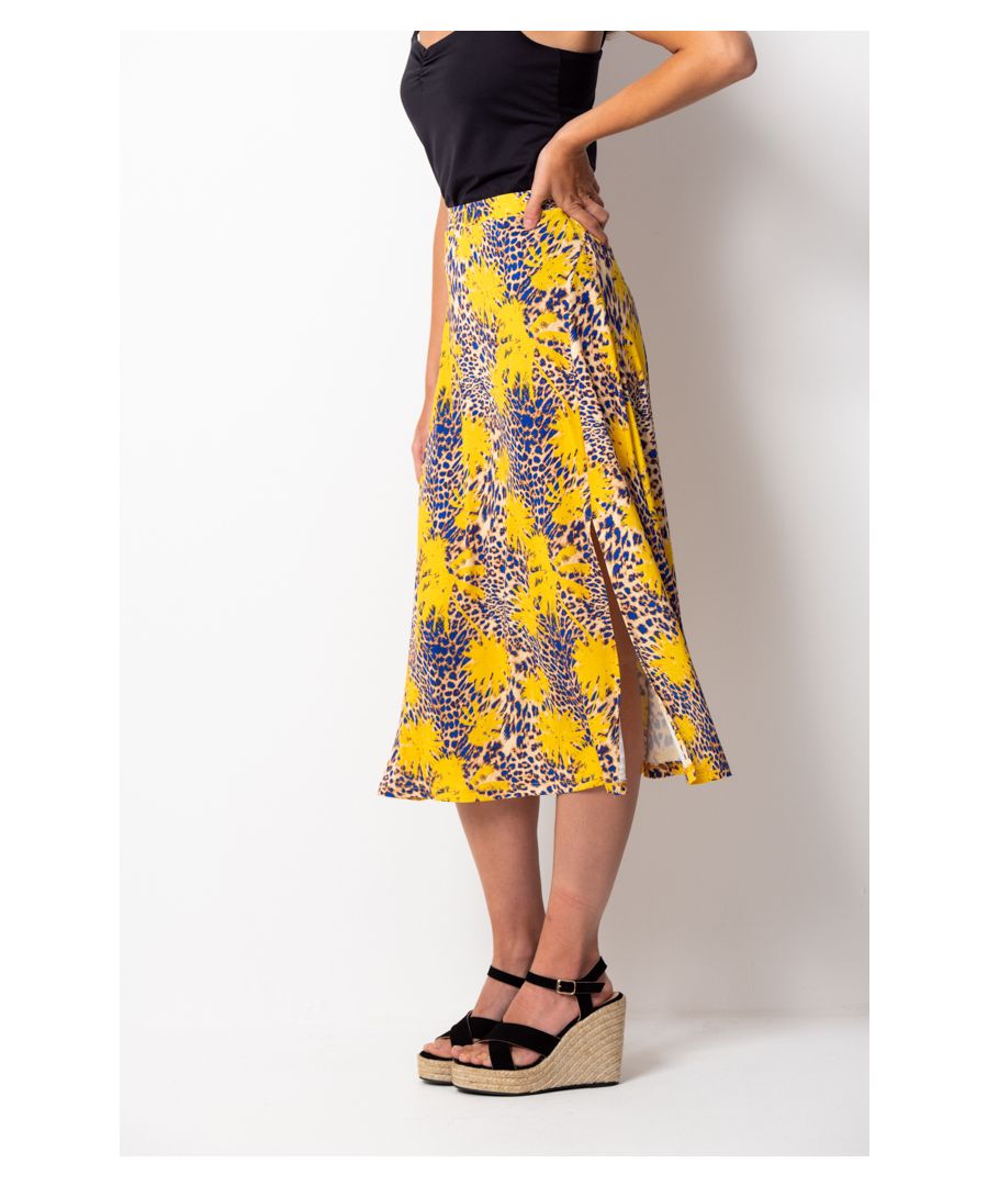 REASONS TO BUY:\n\nThe print you won’t find anywhere else\nOn-trend colour combo, cool print clash\nSlinky fabric – swish from day to night\nSexy side split\nTry it with a t-shirt and denim jacket on weekends\nAdd glamour with a sweetheart neck cami and heels