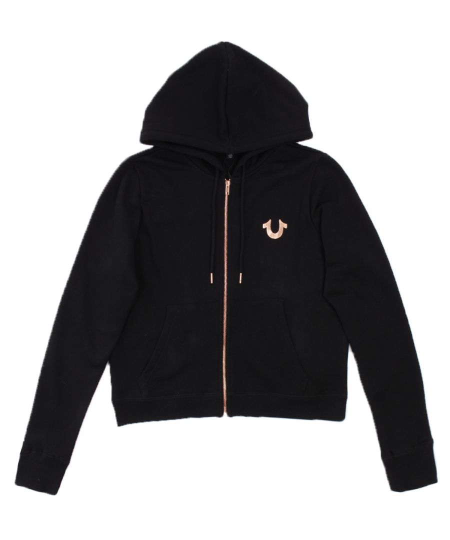 The Foil Logo Zip Hoodie is perfect for light layer days. Crafted from a comfy cotton blend, this women's sweatshirt features a drawstring hood and zip front. Finished with split kangaroo pockets, a horseshoe logo at the chest, and branded horseshoe graphic across the back. Regular Fit, Comfy Cotton Blend, Adjustable Drawstring Hood, Full Zip Closure, Ribbed Cuffs & Hem, True Religion Branding. Style & Fit: Regular Fit, Fits True to Size. Composition & Care: 60% Cotton, 40% Polyester, Machine Wash.