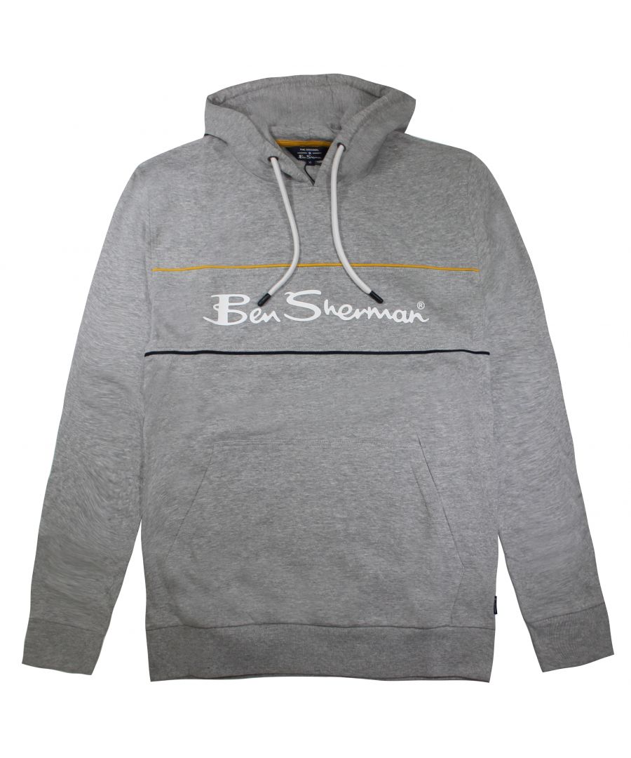 A classic men's hoodie from Ben Sherman, in a grey colour scheme with the original Ben Sherman branding.\n\nWith outsized embroidery, a ribbed hem and cuffs and a kangaroo pocket, this classic men's cotton hoodie is ideal for accessorising in style.\n\nA classic grey hooded sweatshirt for any occasion from the original mod brand - est 1963.