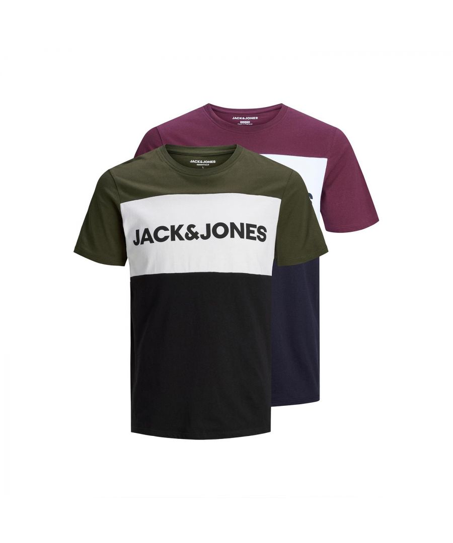 The straight-cut T-shirts have a crew neck and can be combined with jeans and trainers. Soft, comfy men’s T-shirt with a logo print.\n\nFeatures:\nT-shirts with colour block and logo\nMade of stretchy and soft cotton jersey\nIt's pretty comfortable to wear\nA flattering slim fit\nJACK & JONES ESSENTIALS\nMulti Pack of 2 Tee shirts\n100% Cotton\n\nWashing Instruction:\nMachine wash at max 40°C under gentle wash program\nDo not bleach\nTumble dry on low heat settings\n\nIron Temp: on medium heat settings\n\nNote: Do not bleach, Dry clean (no trichloroethylene)\n\nPackage Includes: Jack & Jones Men's Logo Tshirt Multipack, short sleeved crew neck, cotton, 2pk