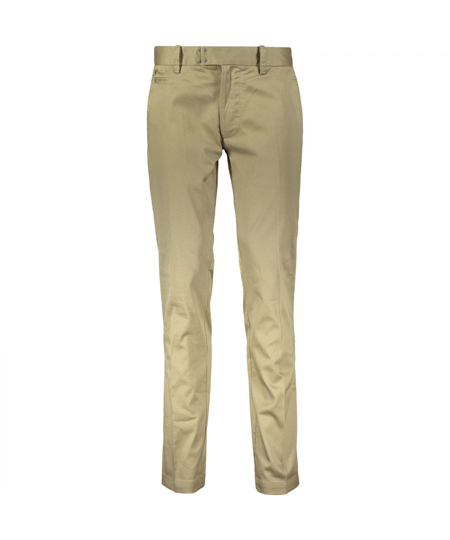 Diesel Chi-Tight-E 79E Chinos. Beige Chino Pants. Hook and Bar Closure. Zip Fly. Side Slant Pockets. Diesel Badge