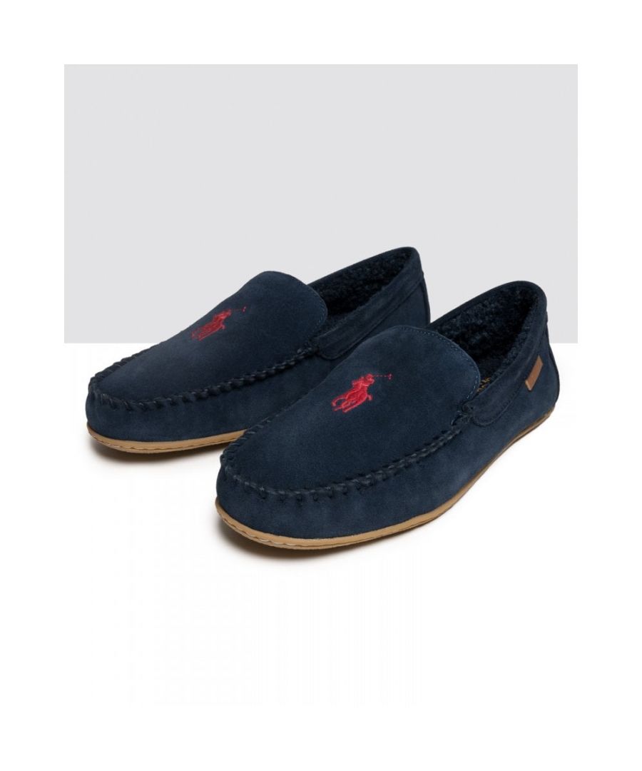 Moccasin style suede slippers for men with a faux shearling lining, rubber sole and signature Ralph Lauren Polo Pony. \nUpper: 100% SuedeLining: 100% Polyester Outsole: 100% Rubber