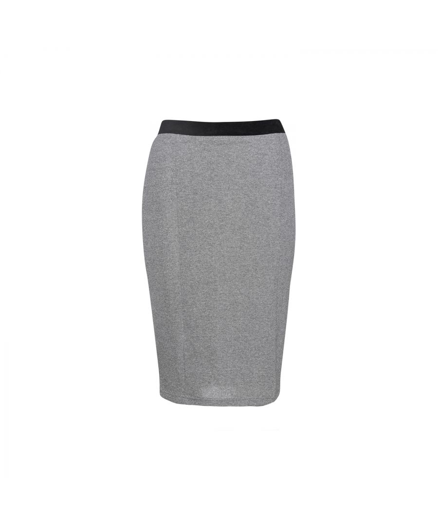 Silver lurex pencil skirt with a black waistband. Concealed zip fastening in the back. Slit at the back. Lined with stretch fabric. Knee length. 60%viscose-40%lurex. Our model is 176cm and is wearing size 36/S. Measurements for size 38/M (in cm): Waist-40, Bottom-44, Body length-63. Accessories are not included.