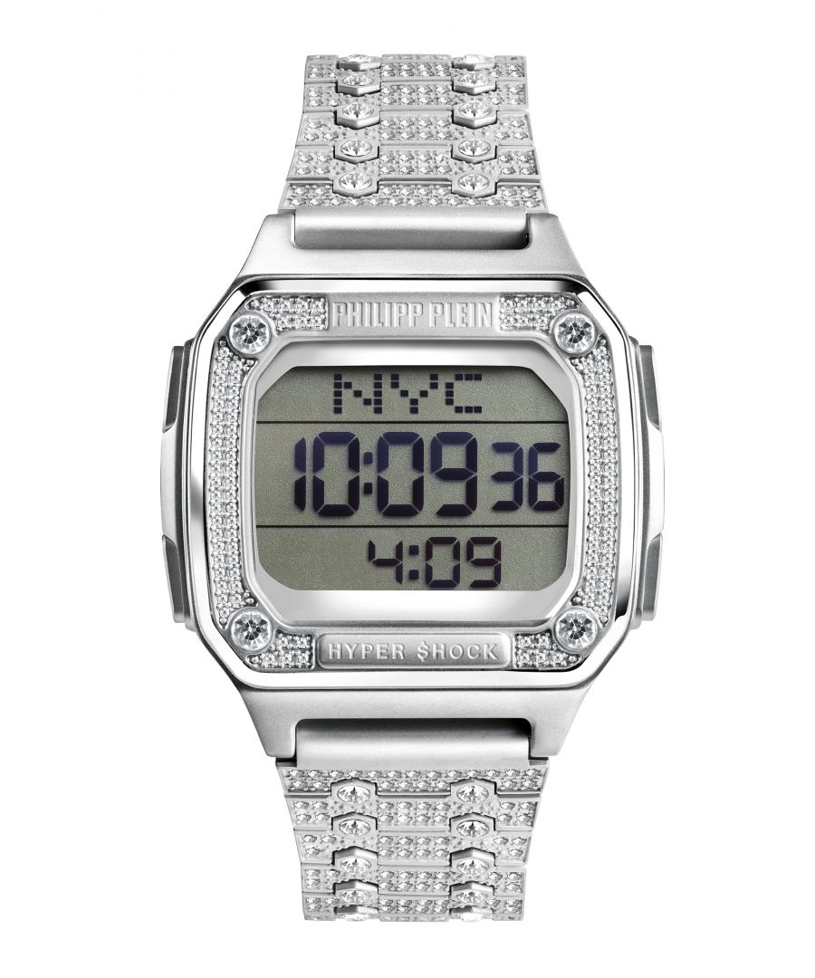 This Philipp Plein Hyper $hock Digital Watch for Women is the perfect timepiece to wear or to gift. It's Silver  Rectangular case combined with the comfortable Silver Stainless steel watch band will ensure you enjoy this stunning timepiece without any compromise. Operated by a high quality Quartz movement and water resistant to 5 bars, your watch will keep ticking. This casual and modern watch is perfect for all kind of casual activities, indoor activities or daily use, it's also a great gift for family and friend.  -The watch has a calendar function: Day-Date, Stop Watch, Timer, Alarm, Light High quality 19 cm length and 22 mm width Silver Stainless steel strap with a Fold over with push button clasp Case Measurement: 40x44 mm,case thickness: 12 mm, case colour: Silver and dial colour: LCD