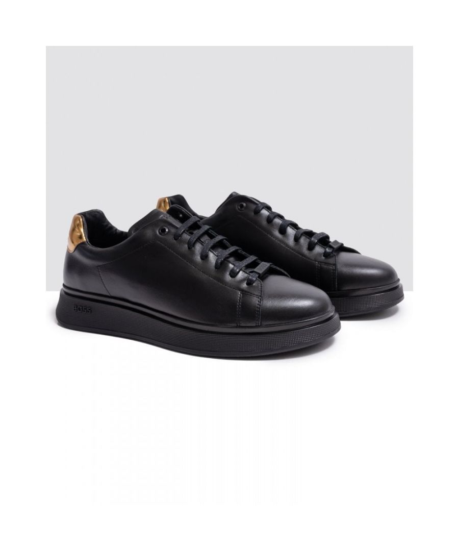Cleanly styled trainers by BOSS. Designed with polished-leather uppers for a refined effect, these low-top trainers are detailed with a laced closure featuring a logo loop at the base. A branded top eyelet completes this sleek pair.\nLacesFully linedUpper material: 100% Cow skin, 100% Goat leather, 100% Polyester, Sole: 100% Rubber, Innersole: 100% Cow skin 50470938