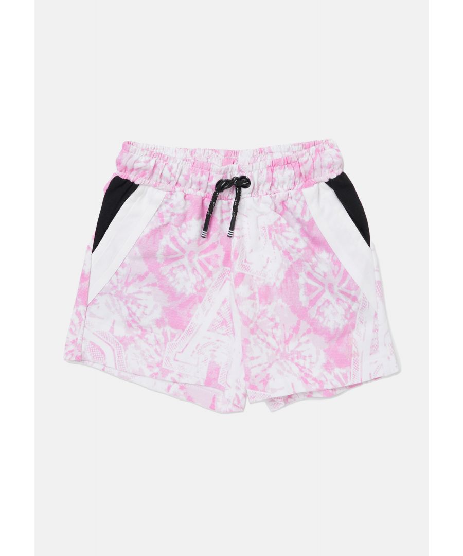 Girls. Make summer days (even) cooler in these cute tie dye shorts. Panel detail and elasticated waist. Draw string tie and side seam pockets.  Model wears 8y  she is 10 years old and 136cm tall.  Colour: Pink  About Me: 100% Cotton  Look after me: Think planet  wash at 30c  Angel & Rocket cares - made with Fairtrade cotton