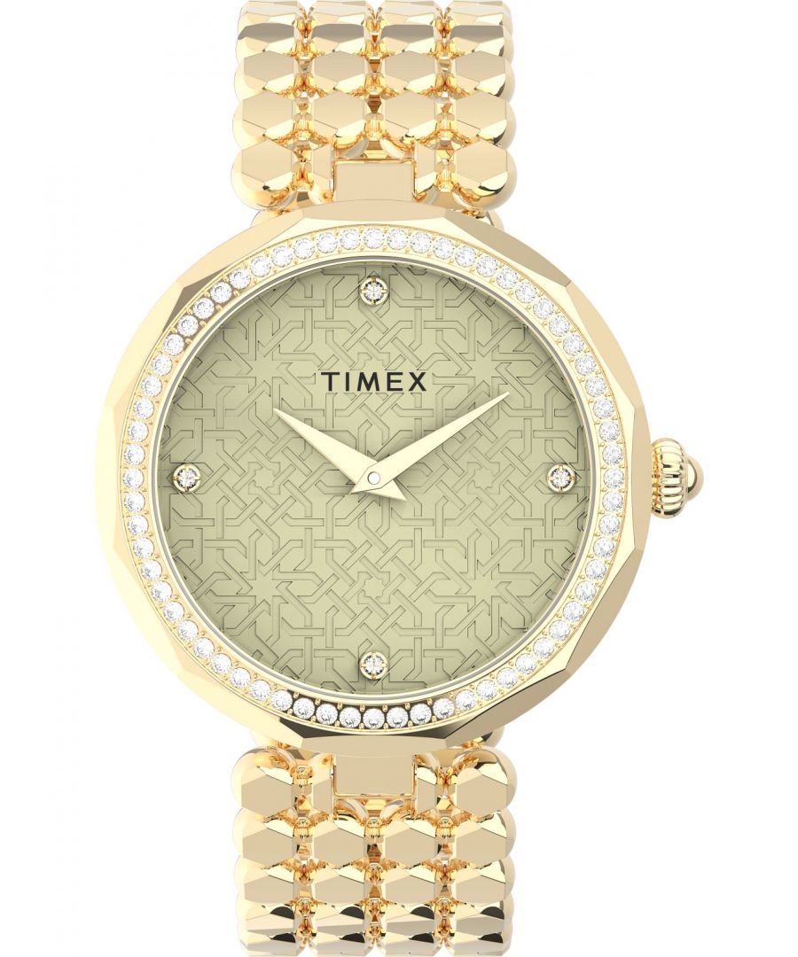 This Timex Asheville Analogue Watch for Women is the perfect timepiece to wear or to gift. It's Gold 34 mm Round case combined with the comfortable Gold Stainless steel watch band will ensure you enjoy this stunning timepiece without any compromise. Operated by a high quality Quartz movement and water resistant to 5 bars, your watch will keep ticking. This elegant, fashionable watch set with beautiful stones is a perfect gift for New Year, birthday,valentine's day and so on High quality 19 cm length and 17 mm width Gold Stainless steel strap with a Fold over clasp Case diameter: 34 mm,case thickness: 9 mm, case colour: Gold and dial colour: Champagne