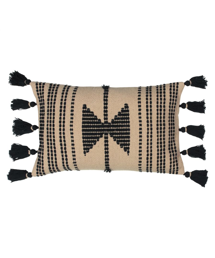 Make a statement in your home with the Sagar cushion. Featuring a bold stitched geometric design on a cotton canvas fabric. Complete with black side tassels, this cushion will sit perfectly in any contemporary interior.
