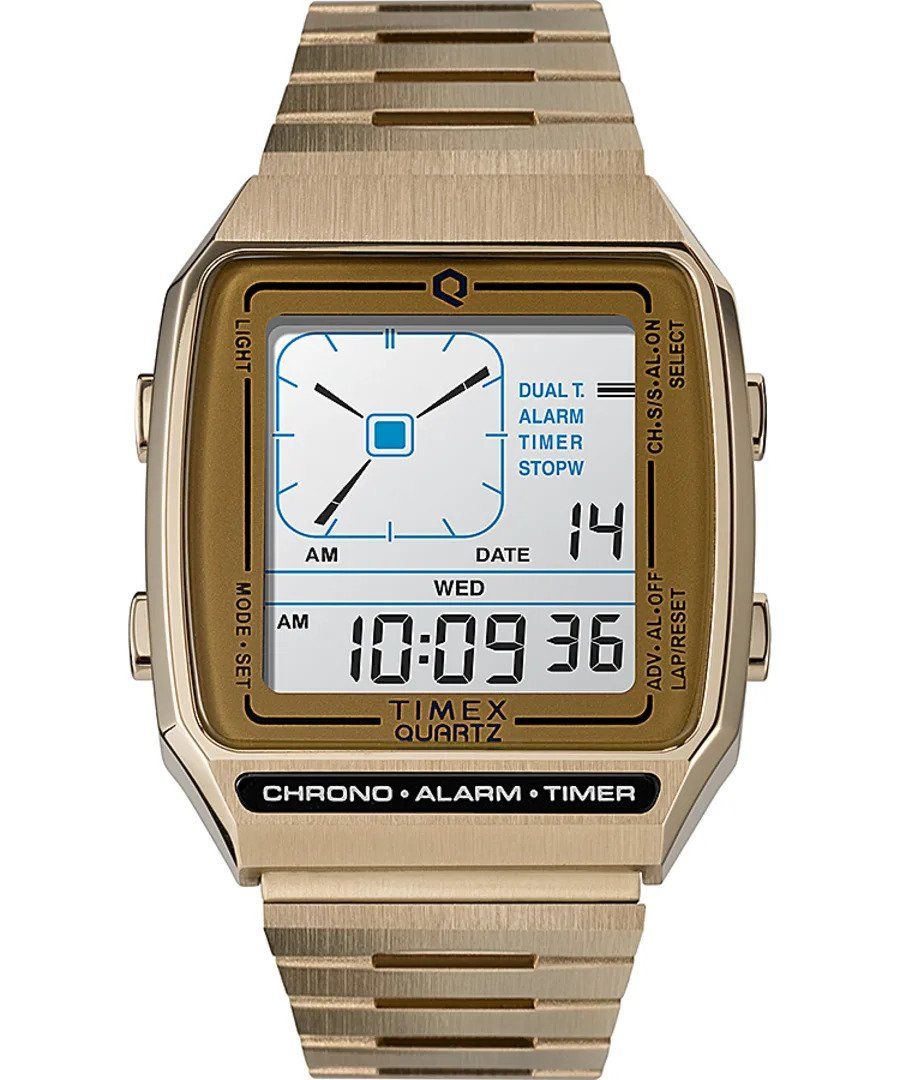 This Timex Reissue Digital Watch for Unisex is the perfect timepiece to wear or to gift. It's Gold  Rectangular case combined with the comfortable Gold Stainless steel watch band will ensure you enjoy this stunning timepiece without any compromise. Operated by a high quality Quartz movement and water resistant to 3 bars, your watch will keep ticking. Sporty and latest design perfect for all men who enjoy sports! -The watch has a calendar function: Day-Date, Stop Watch, Timer, Dual Time, Alarm, Light High quality 20 cm length and 18 mm width Gold Stainless steel strap with a Fold over clasp Case Measurement: 33x40 mm,case thickness: 9 mm, case colour: Gold and dial colour: LCD