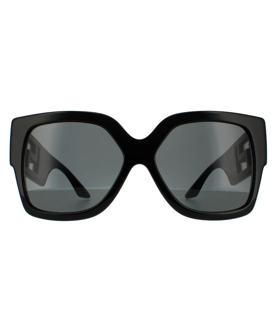 Versace Square Womens Black Dark Grey Sunglasses VE4402 are an eye-catching oversized square design crafted from chunky yet lightweight acetate. Wide temples are embellished with large metal Greca logos with laser cut Versace branding for authenticity.