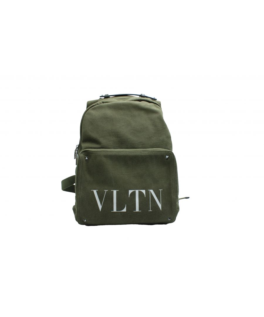 VINTAGE, RRP AS NEW\nThis canvas backpack by Valentino Garavani in green khaki will be your next everyday backpack. It has the signature pyramid studs on the pocket and on leather trim handle. It features twin adjustable shoulder straps and two-way zip closure at the main compartment . To complete the look on the pocket it features the VLTN logo printed in white.\n\nValentino Garavani  VLTN Backpack in Green Khaki Canvas\nCondition Excellent\nSign of wear: Slight wear through out\nMaterial: Canvas \nSize: One Size\nWidth:   150 mm\nLength:   300 mm\nHeight:   420 mm\nSKU: 119671