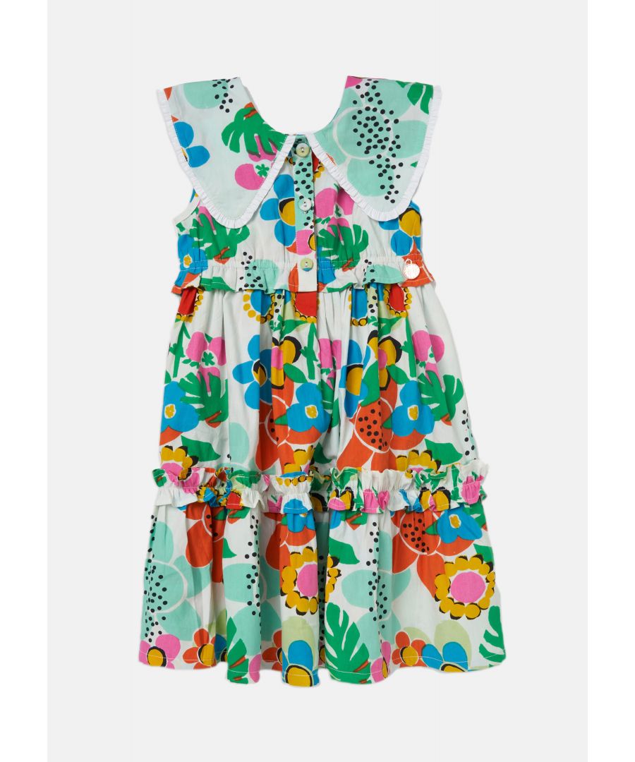 Colour popping floral print! Our tiered sundress is a must have. with playful ruffles. an oversided collar and covered buttons. Colour: Multi About Me: 100% Cotton Look after me: Think planet. wash at 30c Angel & Rocket cares - made with Fairtrade cotton.