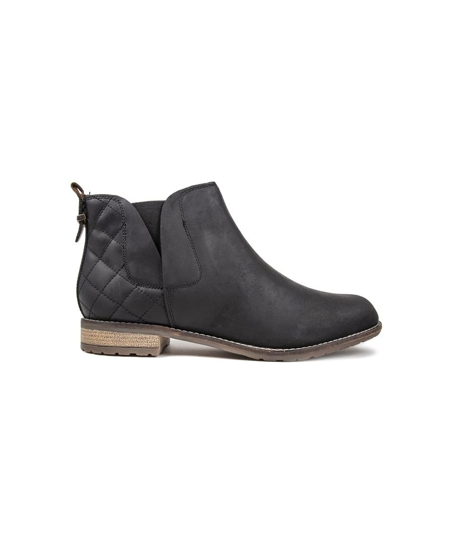 Women's Black Barbour Maia Pull-on Ankle Boots With Leather Upper Featuring Double Elasticated Gussets, Quilted Stitched Effect Heel With Metal Branding, And Tartan Heel Pull Tab. These Ladies' Low-profile Chelsea Boots Have A Padded Leather Sock, Textile Lining, And Branded Rubber Sole.