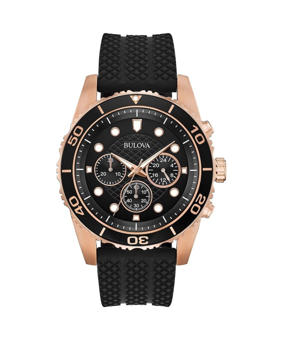 This Bulova Sports Chronograph Chronograph Watch for Men is the perfect timepiece to wear or to gift. It's Rose Gold 43 mm Round case combined with the comfortable Black Rubber watch band will ensure you enjoy this stunning timepiece without any compromise. Operated by a high quality Quartz movement and water resistant to 10 bars, your watch will keep ticking. This high quality and expensive watch is fashionable and has a function: Stop Watch, Luminous Hands, Luminous Numbers and second time zone High quality 21 cm length, 20 mm wide Black Leather strap with a Buckle Case diameter: 43 mm, Case height: 12 mm and Case color: Rose Gold/Dial color: Black