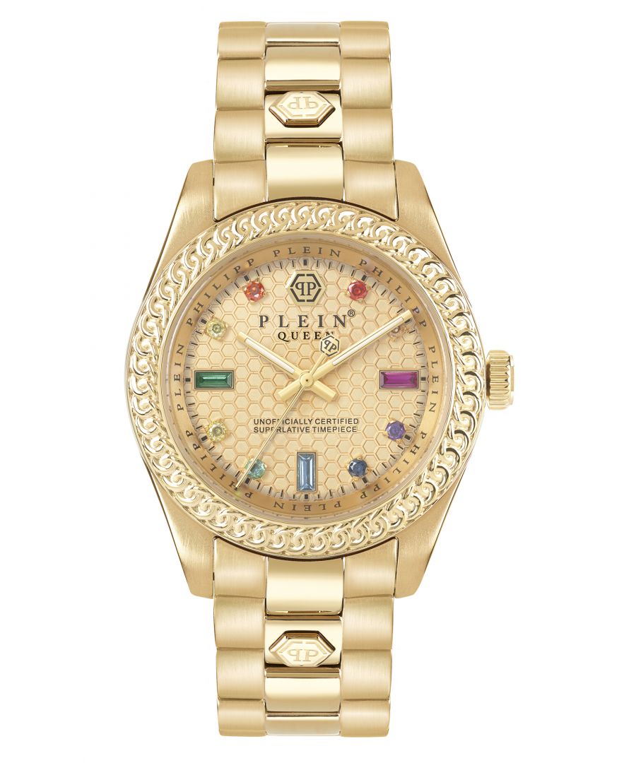 This Philipp Plein Queen Analogue Watch for Women is the perfect timepiece to wear or to gift. It's Gold 36 mm Round case combined with the comfortable Gold Stainless steel watch band will ensure you enjoy this stunning timepiece without any compromise. Operated by a high quality Quartz movement and water resistant to 5 bars, your watch will keep ticking. Feeling like a Queen is all woman's dream.\nPhilipp Plein is provocative, the timepiece wants to enhance the beauty of a woman who wears this watch -The watch has a function: Luminous Hands High quality 19 cm length and 18 mm width Gold Stainless steel strap with a Deployment clasp Case diameter: 36 mm,case thickness: 12 mm, case colour: Gold and dial colour: Gold