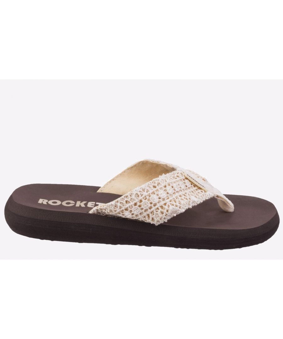 The original Rocket Dog casual flip-flop, perfect for an easy breezy day. A Low, lightweight platform makes this flip flop comfortable to wear all day long. Perfect for day to night style.\n-Features low black lightweight platform-Crochet upper-EVA sole for durability