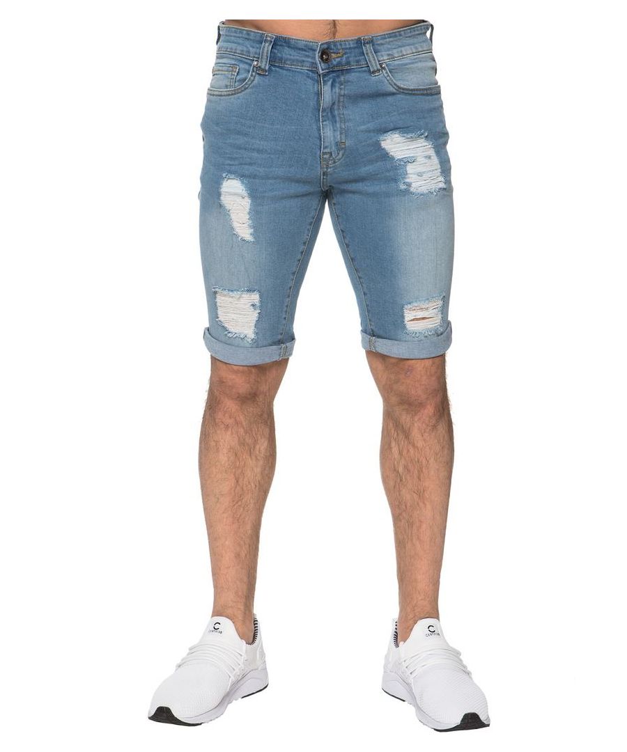 Enzo / Kruze Mens Skinny stretch denim shorts In Sky Blue, 99% Cotton, 1% Elastane, Super stretch skinny fit, 5 pockets with 1 coin pocket, Branded buttons and rivets, Zip Fly fastening, Machine washable, Ideal For Casual Occasions.