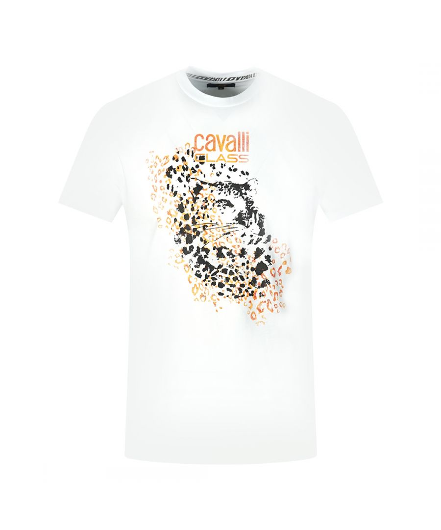 Cavalli Class Leopard Print Silhouette White T-Shirt. Be bold and stand out with the cavalli class white T-Shirt! Crafted with 100% cotton and a Cavalli Class white tee, this regular fit T-shirt is sure to keep you comfortable yet stylish. Featuring a leopard print silhouette and a bold logo, this shirt is sure to give your wardrobe a unique edge. Get ready to make a statement!. Crew Neck, Short Sleeves, Cavalli Class White Tee. 100% Cotton, Leopard Print Silhouette, Bold Logo. Regular Fit, Fits True To Size. Style Code: QXT61V JD060 00053