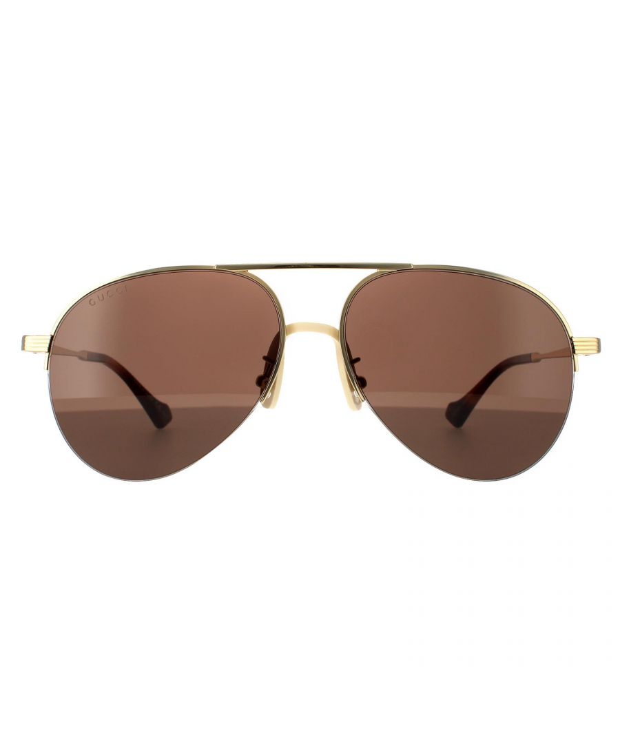 Gucci Sunglasses GG0742S 002 Gold Brown are a stylish aviator style featuring adjustible nose pads and plastic temple tips for added comfort. The Gucci logo feature along the flat metal temples for authenticity