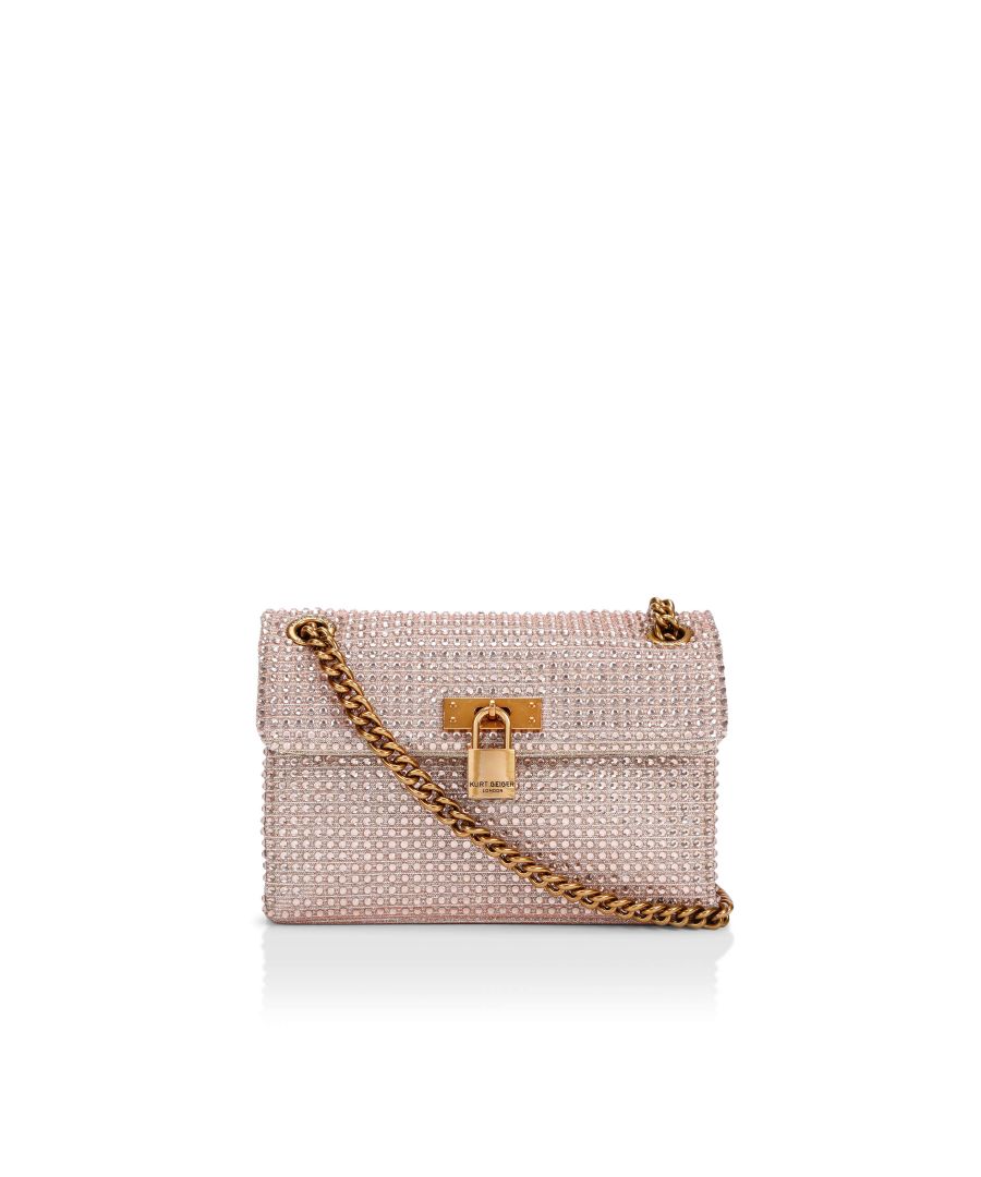 The KGL Mini Brixton Lock Bag is crafted in a gold fabric that is embellished with crystals. The antiqued brass branded padlock sits on the flap. 14cm (H), 20cm (L), 6cm (D). Strap drop cross body: 120cm. Strap drop shoulder: 70cm.