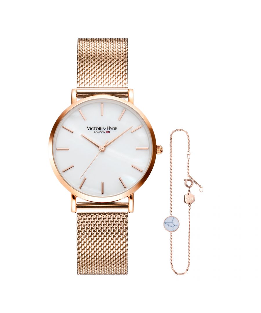 The Seven Sisters in rose gold white by Victoria Hyde London impresses with its classic elegance. This simple watch with a white dial and rose gold colored case and watch strap is the perfect companion for any occasion.\nMovement：Miyota 2035\nGlass：Mineral glass\nWatch Band Material： Stainless steel mesh band\nDial material: mother of pearl\nCase diameter： 33mm\nCase thickness：7.6mm\nWaterproof：3 atm\nWatch strap length：200mm\nWatch strap width : 16 mm
