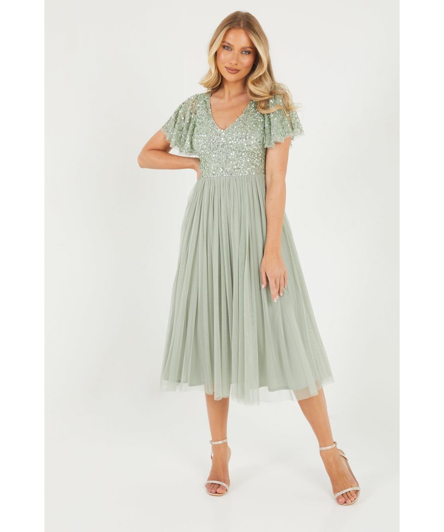 Image for Sage Embellished Frill Sleeve Midi Dress