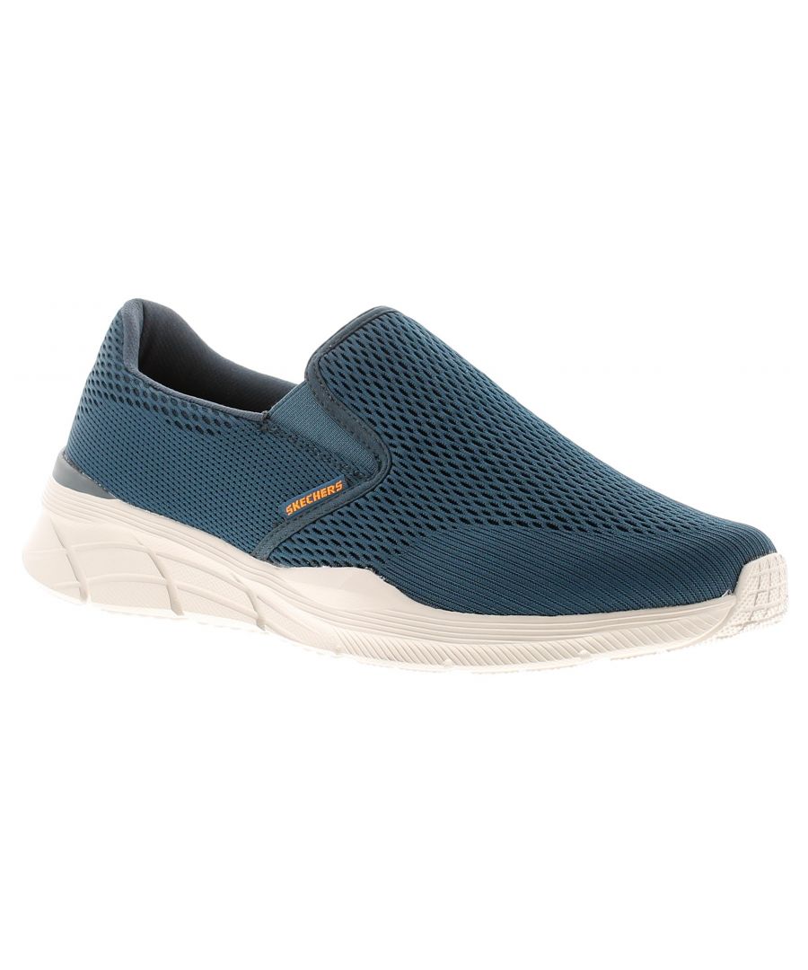 Skechers Equaliser 4.0 Triple Mens Trainers Navy/Orange. Fabric Upper. Fabric Lining. Synthetic Sole. Mens Gentlemans Easy On Casual Comfort Flat Branded.