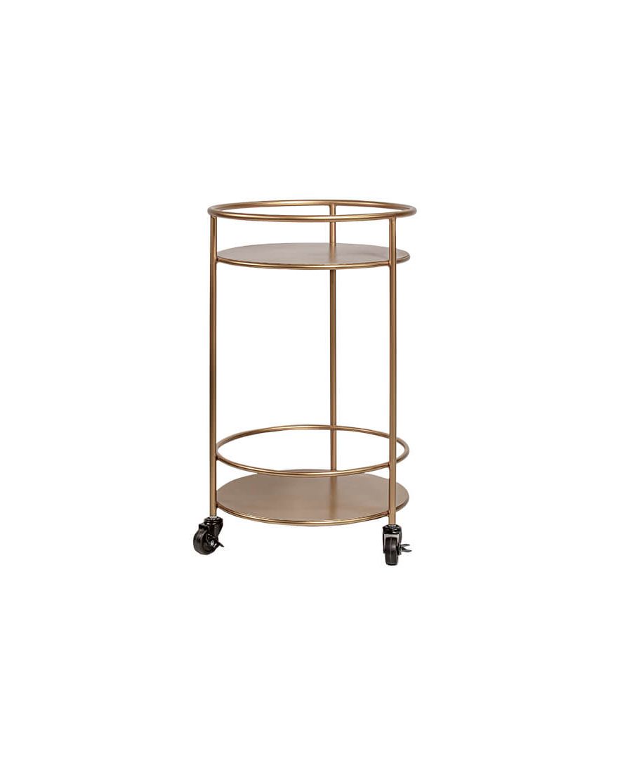  Who wouldn’t enjoy reaching for a drink from this sophisticated, gold drinks trolley at a dinner party or an evening get-together? Mounted on wheels for ease of movement, this is a must-have item for welcoming guests into the home. Looking to step up your hosting prowess? Look no further. With this bar trolley, you won’t have to ever choose between ‘going big or going home’ again, because you can do both!\n \nCombining modern minimalism with the golden opulence of the roaring ‘20’s, this round gold drinks trolley is bound to bring some visual excitement to your home. Whether you’re looking for extra storage space or hoping to win the next edition of Come Dine with Me, you won’t be wanting to roll this domestic prize away! Flung from a decorous Great Gatsby scene, this bar cart has two palatial shelves; keep spirits on the lower and decanters and glasses above.\n \nFeatures: \n\n\nTwo shelves\n\n\nWheeled base\n\n\nGold body\n\n\n \nProduct specification: \n\n\nProduct Type: Drinks Trollies\n\n\nWeight: 2.80kgs\n\n\nDimensions: H64.5cm x W40cm X D40cm