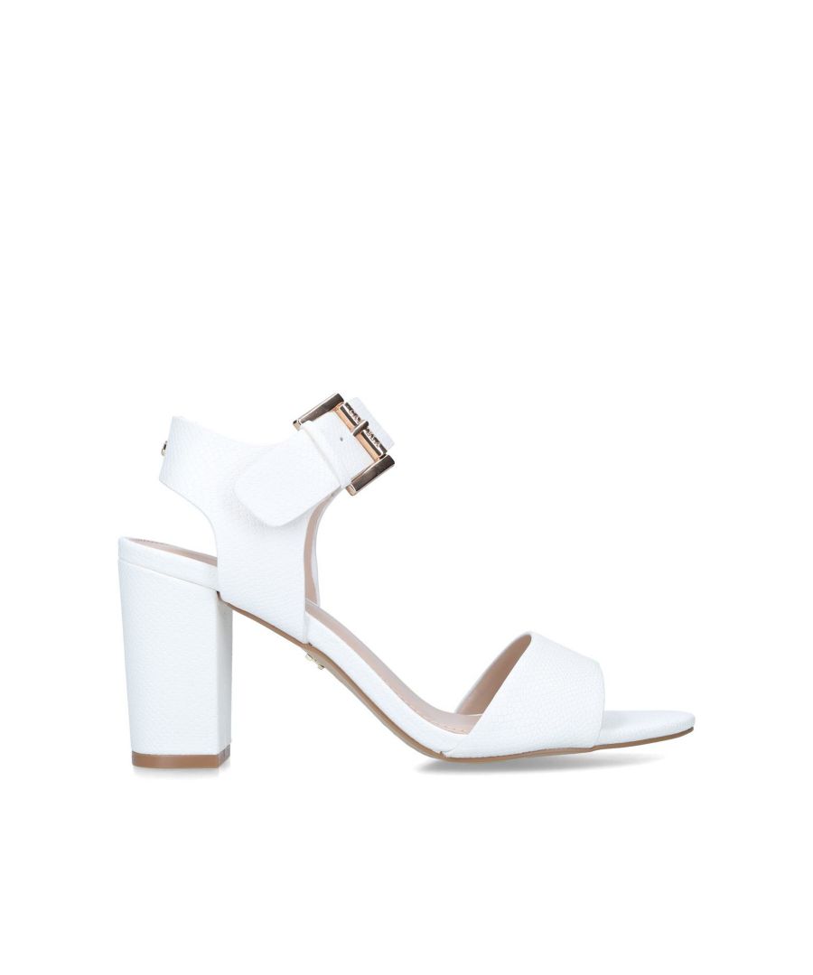 Ideal with everything from ankle-grazing denim to high-summer weddings, the Sadie sandal will soon find its home among your very favourite options. Crafted in white, Carvela's freshest offering features a wide strap at the ankle with a statement buckle, and sits on a block 70mm heel that tapers towards the base.