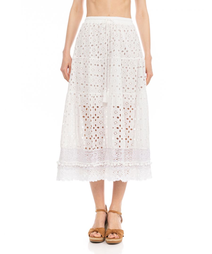 Midi embroidered skirt with pompoms, crochet hem, elastic waist and cords