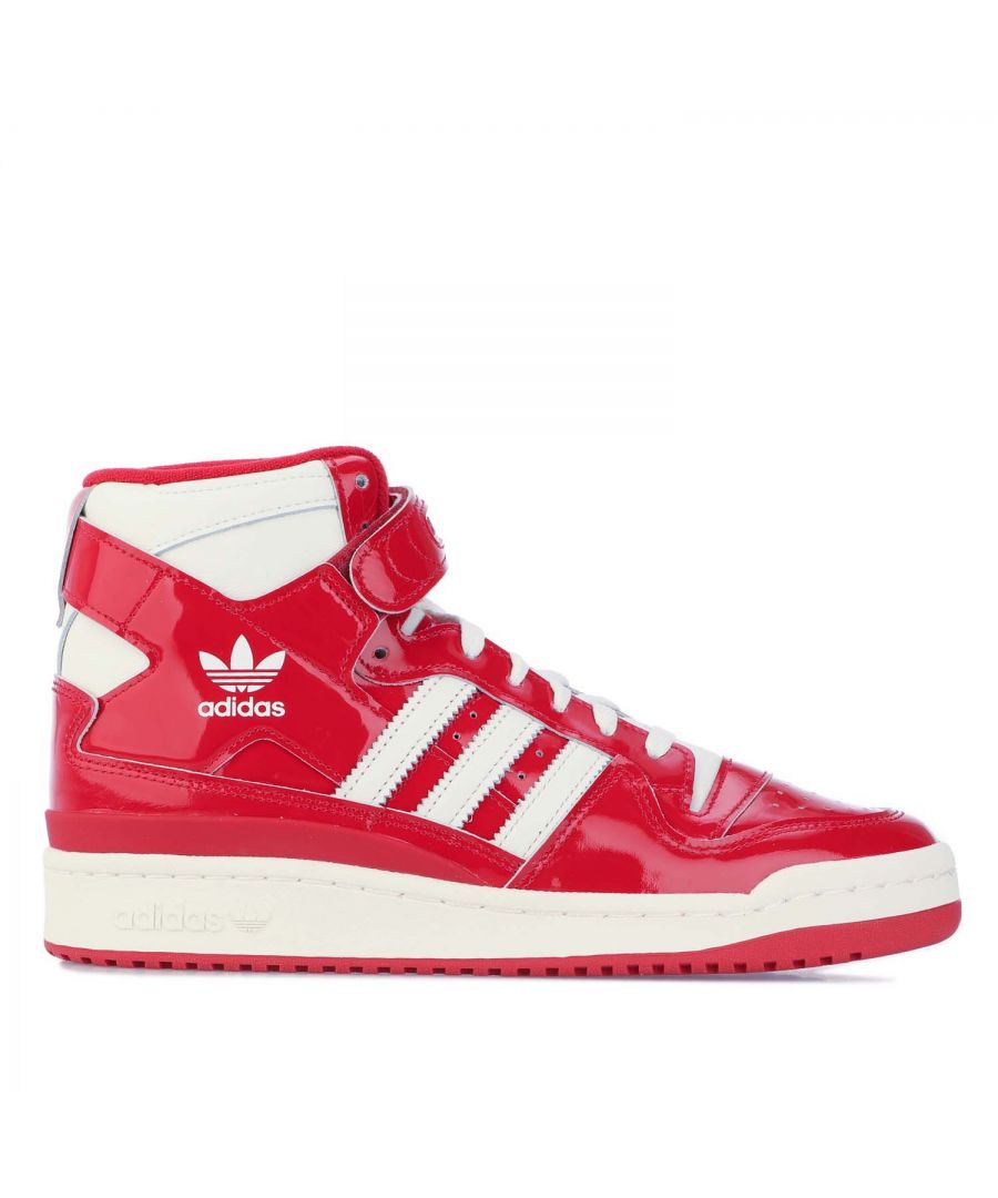 Mens adidas Originals Forum 84 Hi Trainers in red white.- Leather upper.- Lace closure with hook-and-loop strap.- Exposed foam collar and tongue.- EVA midsole.- Rubber cupsole.- Ref: GY6973