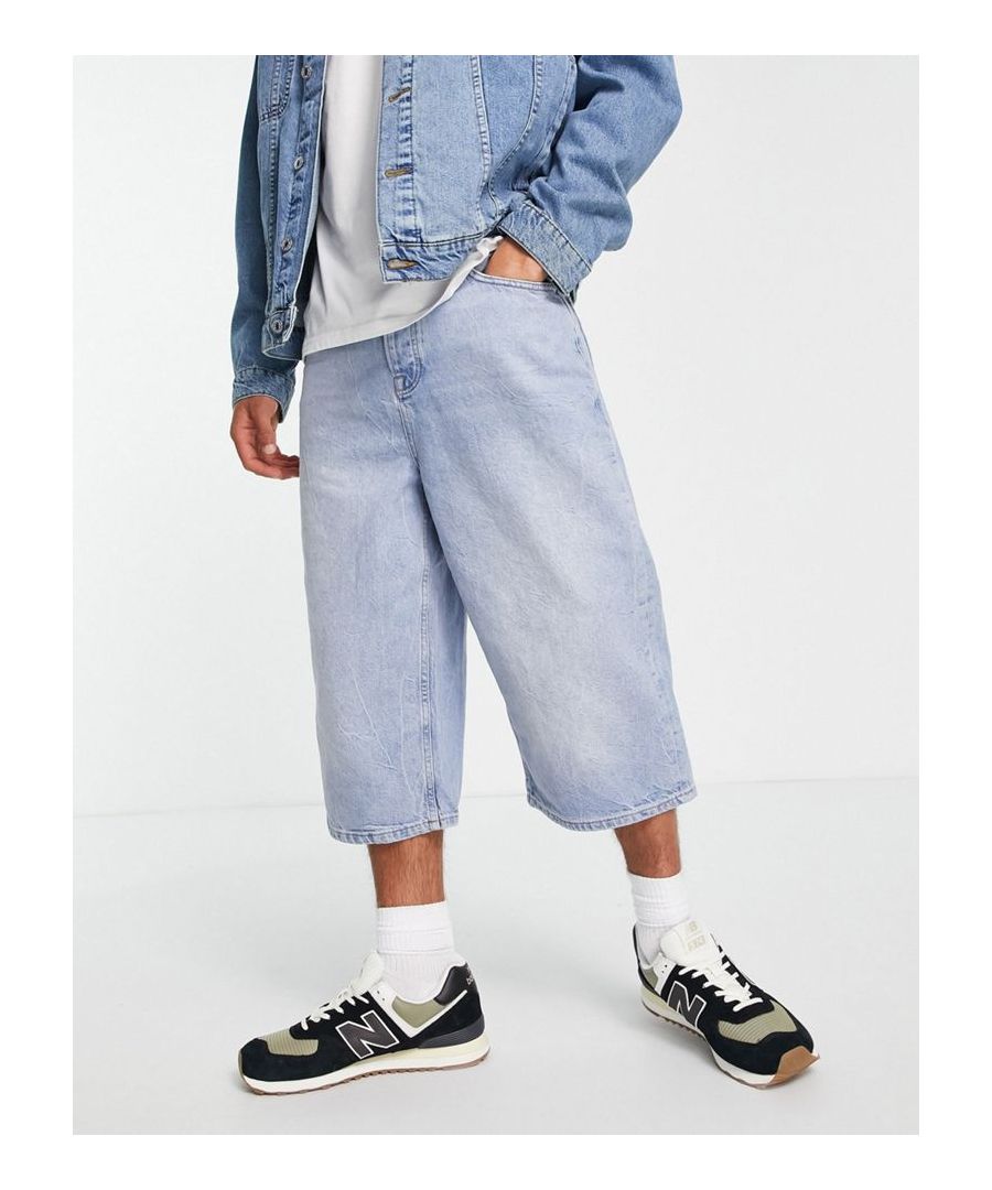Denim shorts by Topman The scroll is over Belt loops Five pockets Cut longer than standard length Relaxed fit  Sold By: Asos