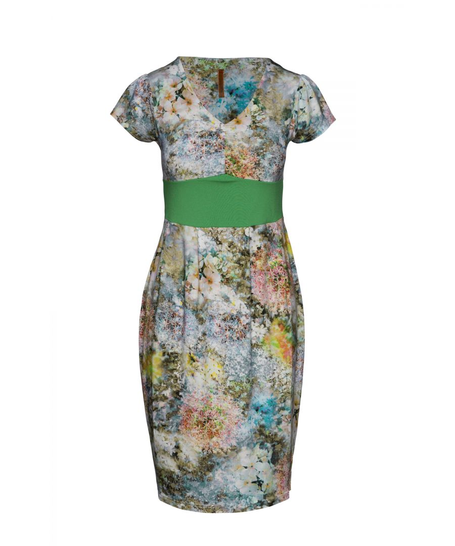 Redefine your femininity in this delightfully floral print dress from Conquista.   This dress is rendered in silky smooth stretch fabric for a totally figure-flattering silhouette. Ruching at the bust culminates in a wide solid colour waistband for a defined slim waistline. It has a V neck and cap sleeves. Accessories are not included.