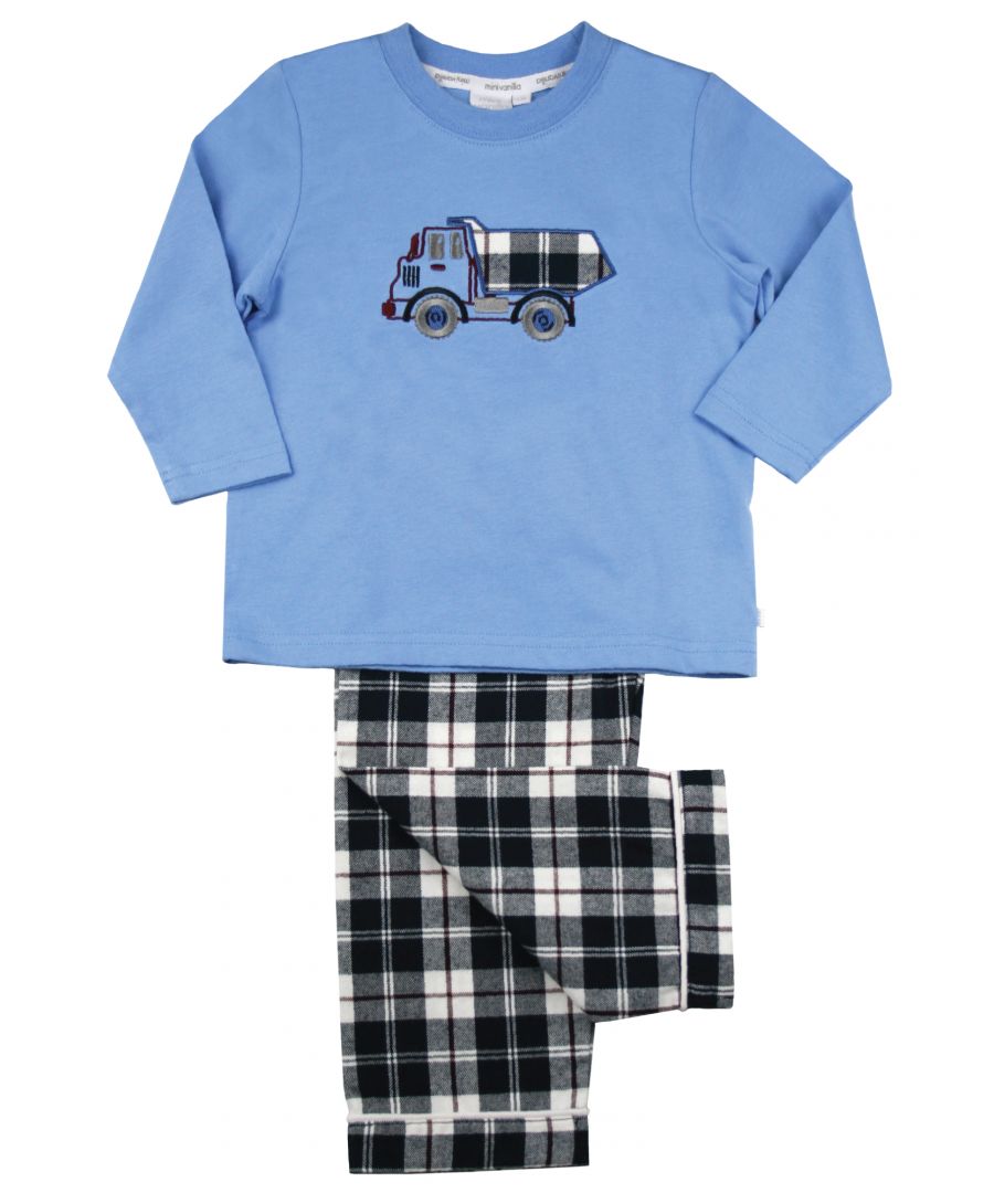 Dumper Truck Boys Cotton Pyjamas\n\nSuper soft jersey blue long sleeved T-shirt with a Dumper Truck Applique and soft brushed check bottoms. Great lounge wear and for after school.  Have your child end their busy days in soft cotton PJ’s adorned with classic checks and made with 100% cotton. Boys cotton pyjamas\n\n100% cotton\nMachine Washable\nSuper soft luxury brushed cotton fabric\nDumper Truck Applique\nClassic Fit