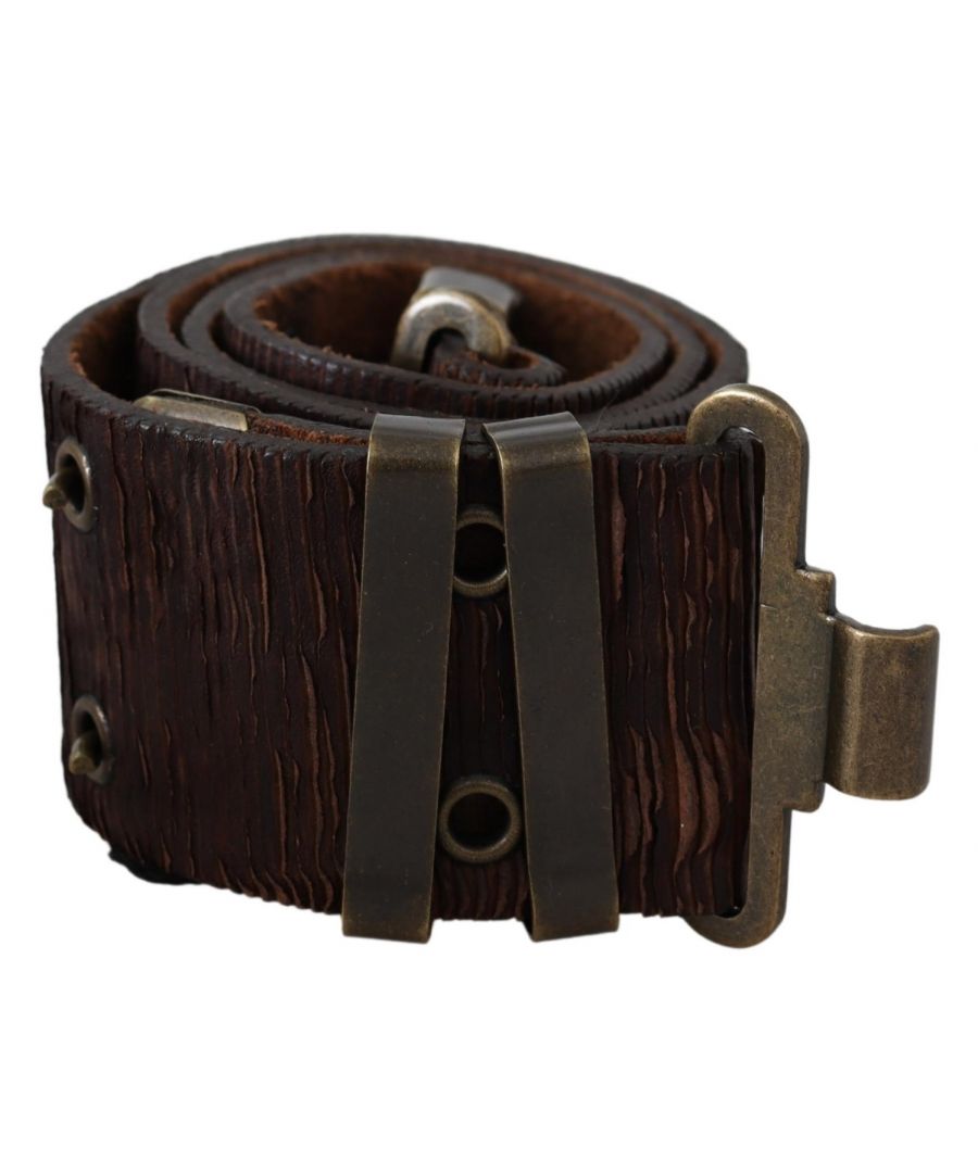 Image for PLEIN SUD Brown Carving Effect Leather Bronze Metal Belt