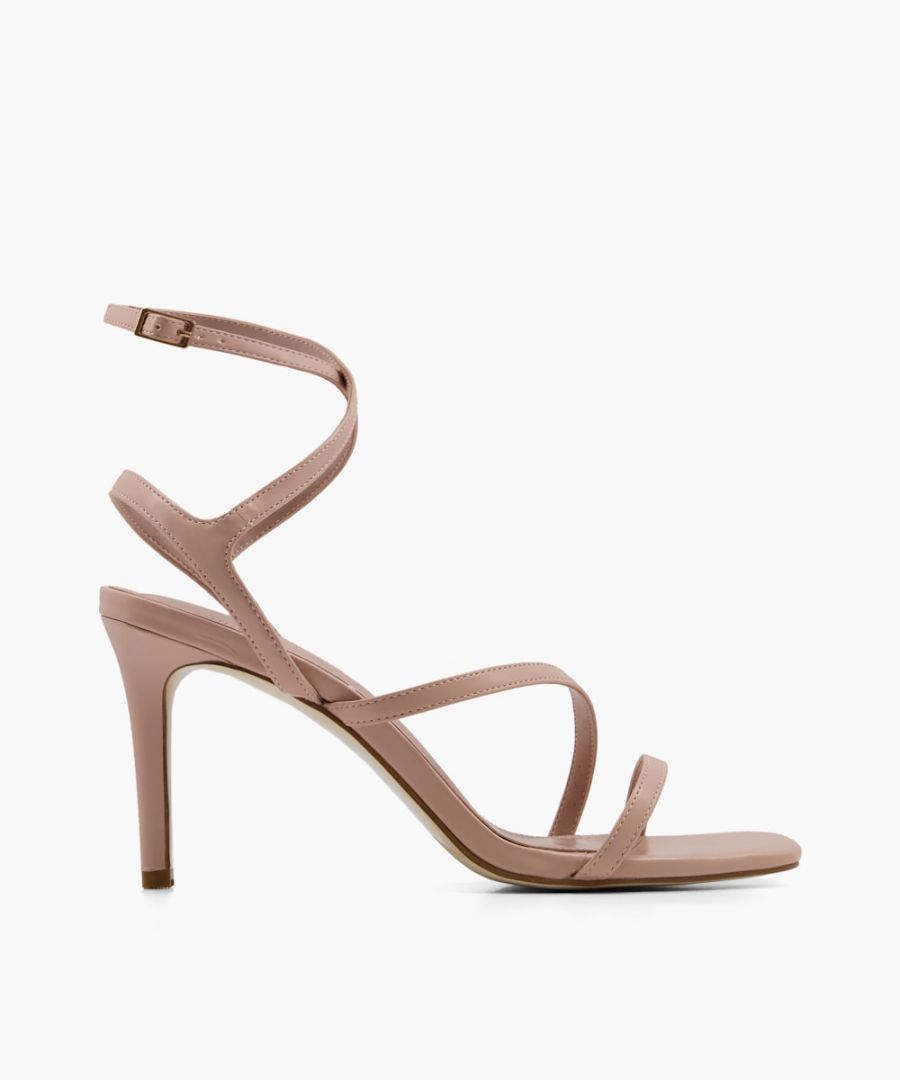 Complete your evening look with the Mighteys sandal from Dune London. In a comfortable slip on design and shaped with an open square toe. Complete with elegant ankle straps and rests on a sleek high stiletto heel.
