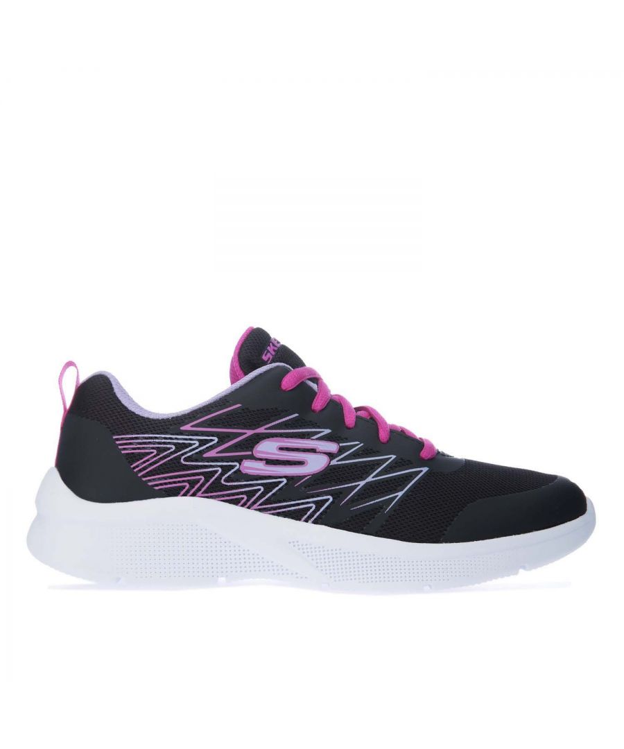 Junior Girls Skechers  Microspec Bright Trainers in black.- Athletic mesh and synthetic upper with stitching and overlay accents.- Lace up fastening.- Smooth synthetic overlays and instep strap.- Padded collar and tongue.- Midsole absorbs shock.- Heel pull.- Rubber sole.- Textile and Synthetic Upper and Lining  Synthetic Sole.- Ref: 302469LBLKJ