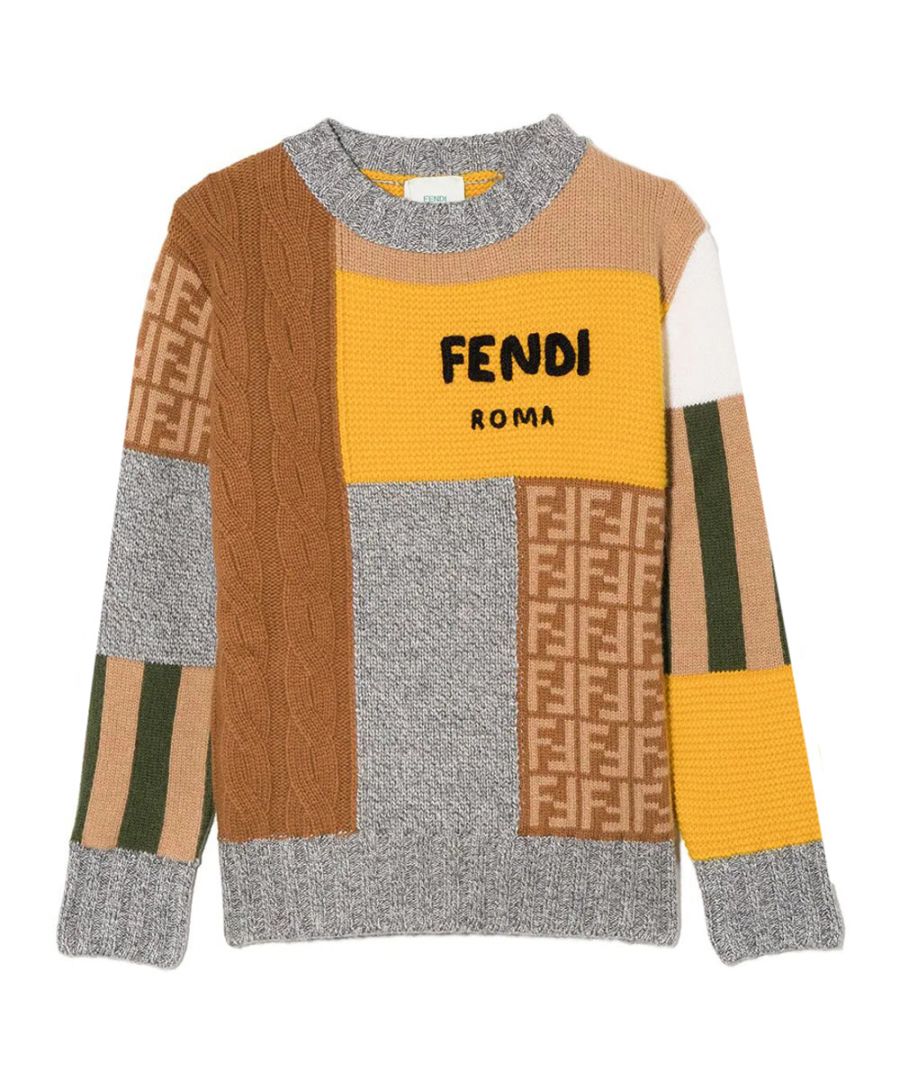 This Fendi Boys FF Wool Jumper in Brown is crafted from a wool and cashmere blend. It has a knitted construction and features patchwork design, a crew neck, long sleeves, ribbed hem and cuffs as well as the FF motif.\n \n\nmulticolour\nwool-cashmere blend\nknitted construction\npatchwork design\nFF motif\ncrew neck\nlong sleeves\nribbed hem\nribbed cuffs