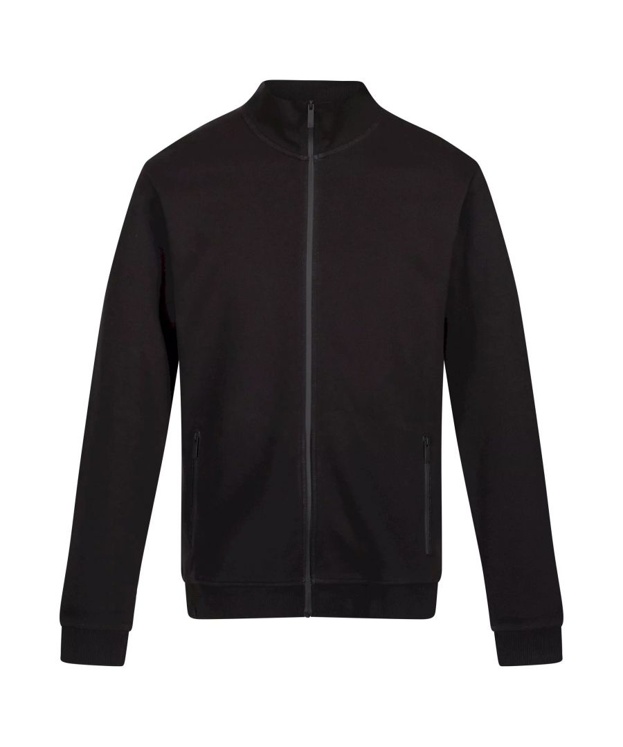 Material: 90% Cotton, 10% Polyester. Fabric: Pique, Soft Touch. 300gsm. Design: Logo, Plain. Cuff: Fitted, Ribbed. Sleeve-Type: Long-Sleeved. Neckline: Ribbed, Standing Collar. Pockets: 2 Lower Pockets, Zip. Fastening: Full Zip. Hem: Fitted, Ribbed. Sustainability: Sustainable Materials.