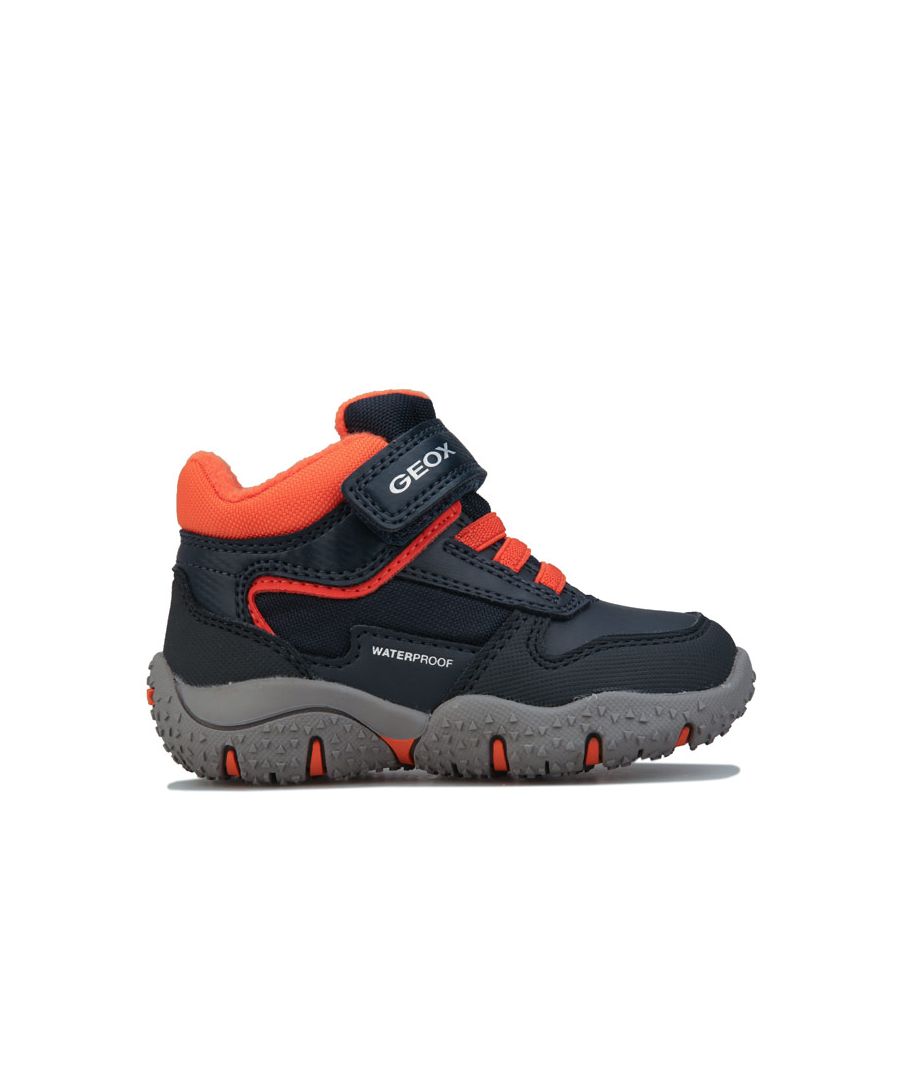 Infant Boys Geox Waterproof Baltic Trainers in blue orange.- Combination synthetic leather and textile upper.- Hydrorepellent uppers with waterproof membrane.- Elastic laces with hook and loop strap for easy on-off.- Padded collar and tongue.- Warm textile lining enables natural thermal regulation and insulation in cold weather.- Cushioned insole.- Geox branding at heel and strap.- Rubber outsole.- Synthetic and textile upper  Textile lining  Synthetic sole.- Ref: B044AC0820