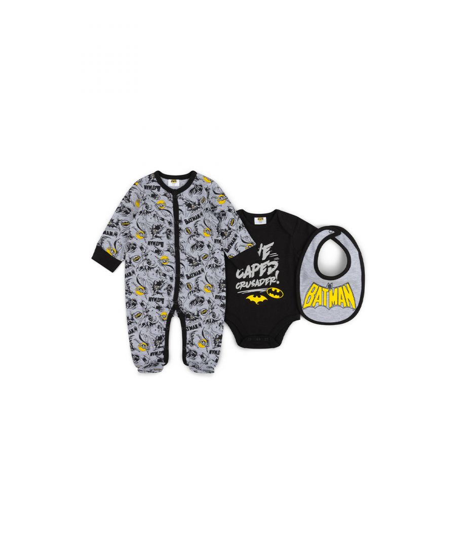 This exciting Batman three-piece set features the Batman logo and print throughout. The set includes a button-up, footed sleepsuit with all over print, bodysuit with Batman logo and the lettering ‘the caped crusader’, and a matching bib featuring the Batman logo. Each item in the set is cotton with popper fastenings, keeping your little one comfortable. This sweet three-piece set is the perfect gift for the little one in your life.