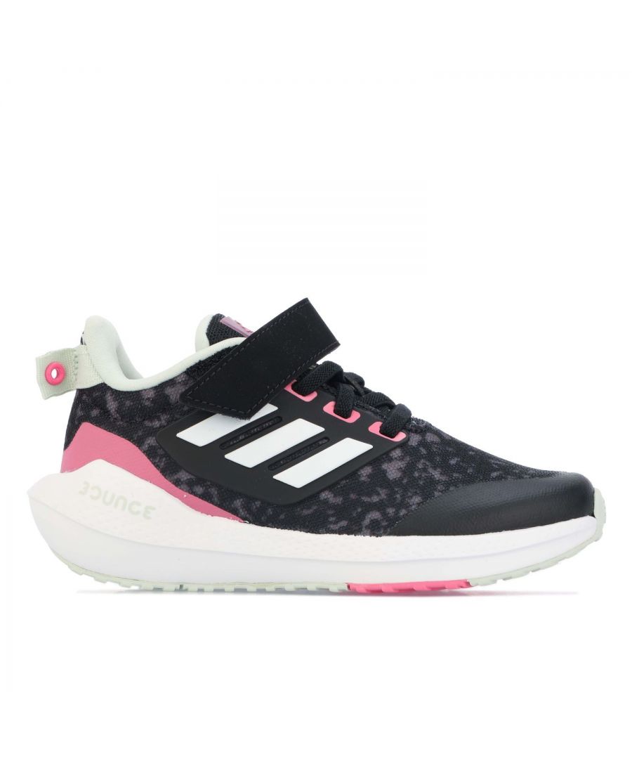 Childrens adidas EQ21 Run 2.0 Bounce Sport Trainers in black- white.- Breathable mesh upper.- Elastic laces with Velcro strap.- Lightly padded ankle and tongue. - Textile lining.- Flexible Bounce midsole cushioning. - Non-marking rubber sole. - Ref.: GV9481C