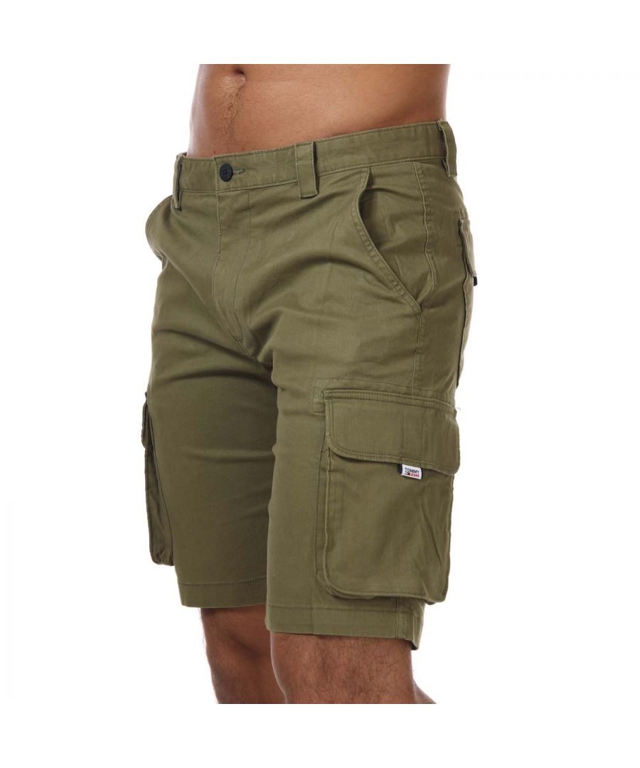Mens Tommy Hilfiger Cargo Shorts in green.- Button fastening waist and zip up fly.- 6 pockets.- Belt loops.- Signature logo with Tommy Jeans branding.- Regular fit.- 97% Cotton  3% Elastane. - Ref: DM0DM11078L8Q