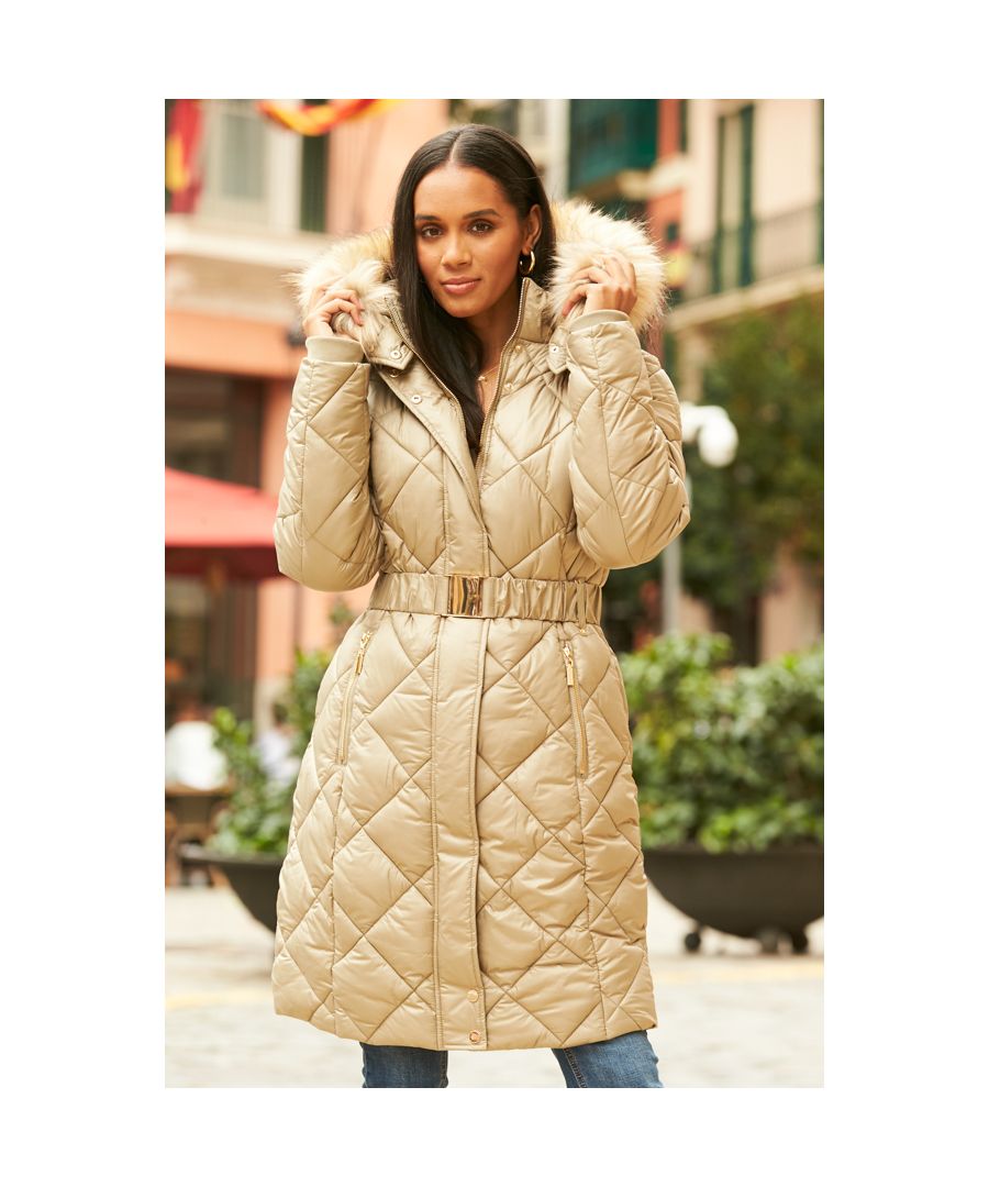 Image for Gold Faux Fur Trim Luxe Padded Coat