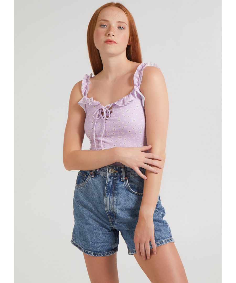 Pink Vanilla Womens Ditsy Floral Frill Tie Front Bodysuit - Lilac - Size Medium