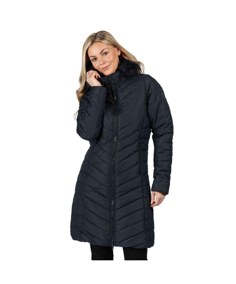 100% Polyester water repellent baffle micro poplin fabric. Synthetic Warmloft down-touch water repellent insulation. Polyester taffeta lined. Internal security pocket. Grown on hood with faux fur trim. 2 way centre front zip. 2 concealed lower zip pockets.