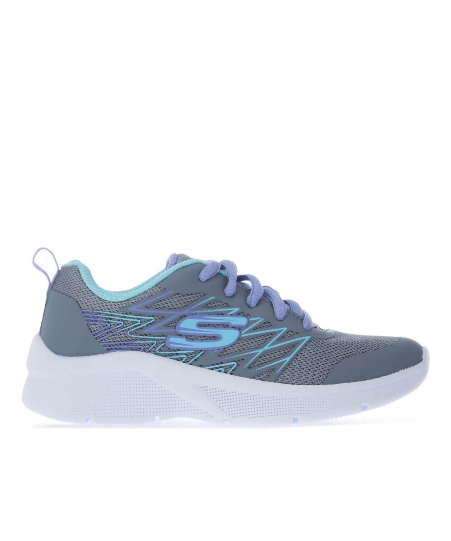 Junior Girls Skechers Microspec Bright Trainers in grey.- Breathable mesh upper with synthetic overlays.- Lace fastening. - Lightly cushioned footbed.- Shock absorbing midsole.- Padded collar and tongue.- Branding to the tongue and side.- Heel pull.- Flexible non-marking rubber traction outsole.- Textile Upper and Lining  Synthetic Sole.- Ref: 302469LGRYJ