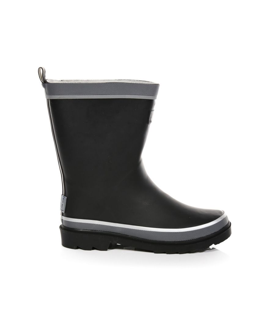 Kids wellington boots with reflective detail for enhanced visibility. Natural cotton lining. Durable cotton build. Multi-directional cleated sole design with square heel for reliable underfoot stability.
