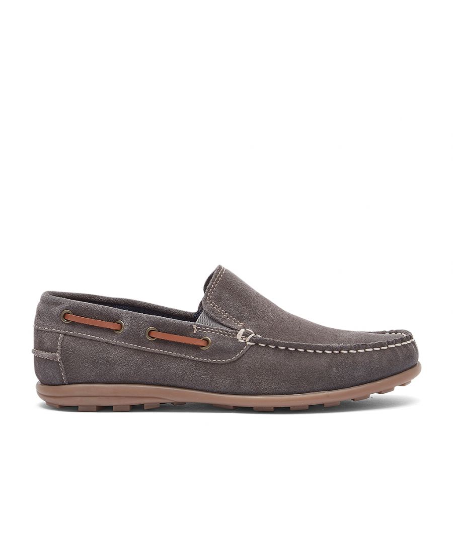 This suede loafer is crafted from premium suede in dark grey with a matching collar and heel counter, tan leather laces and a non-slip rubber sole.