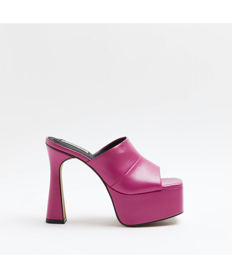 > Brand: River Island> Department: Women> Colour: Pink> Type: Heel> Style: Platform> Material Composition: Upper & Sole: PU> Upper Material: PU> Pattern: No Pattern> Occasion: Casual> Shoe Width: Standard> Closure: Slip On> Toe Shape: Sqaure Toe> Heel Style: Spool> Heel Height: Very High (Over 10 cm)> Season: SS22